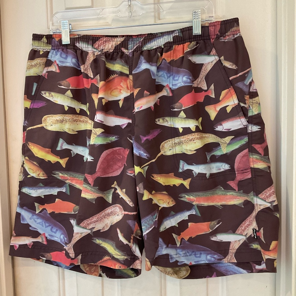 Kavu Men’s Swim Trunks, Fish Design, Mesh Lining, Side Pockets, Size XL
